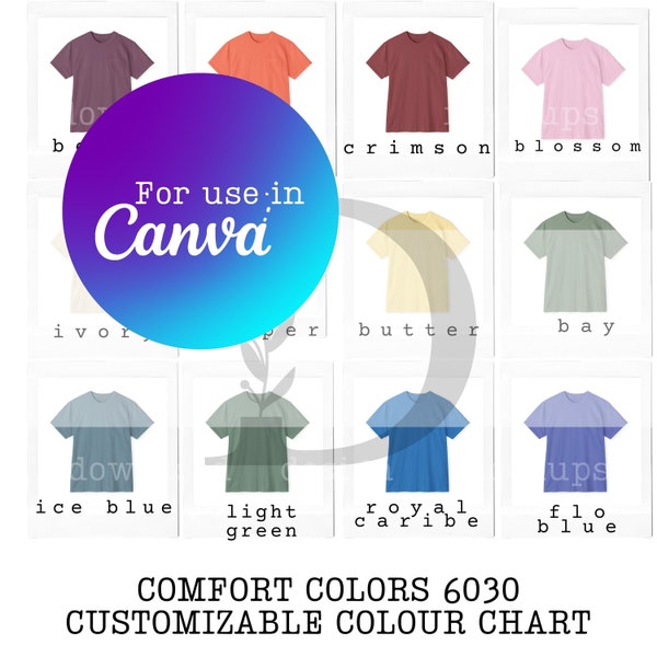 Carta de colores personalizable Comfort Colors 6030 para Canva, camiseta de bolsillo CC 6030, carta de colores personalizada para impresión bajo demanda, paquete de maquetas de colores