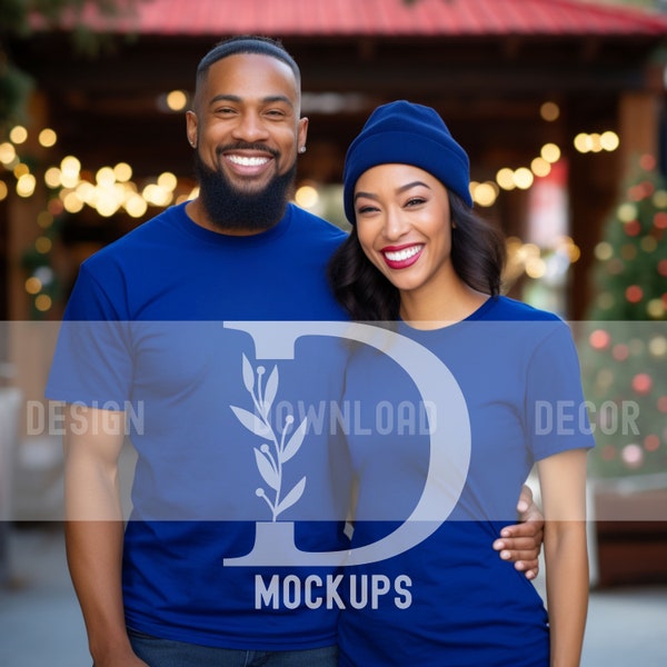 Christmas Mockups for Couples Royal Blue Bella and Canvas 3001 His and her Tshirt Mocks for POD Holiday Mockup for Winter Designs Diverse