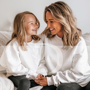 Mommy and Me White Gildan 18000 Sweatshirt Mockup for Matching Shirts, Gildan 18000 Mom and Daughter Gildan White 18000B White Crewneck Kids