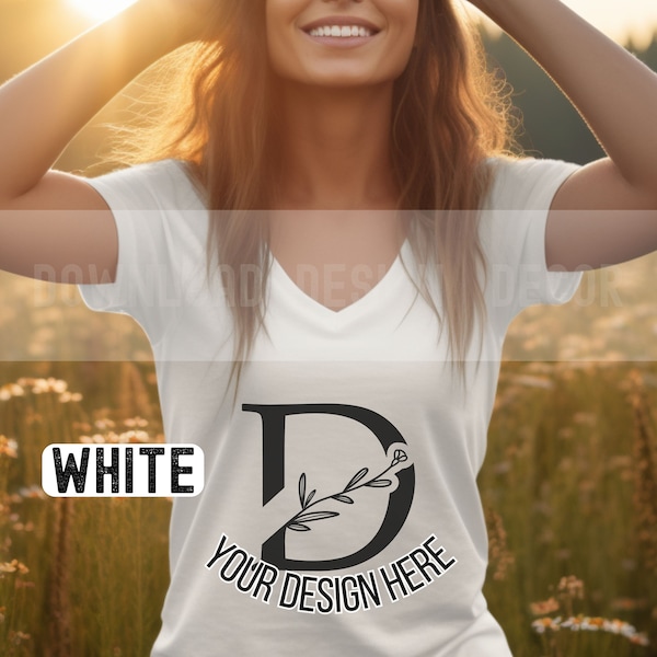 White Bella and Canvas 3005 Mockup Whimsical Mockup Women's Bella 3005 Mockup White Vneck T-shirt Mockup Lifestyle Mocks Bestseller Mockups