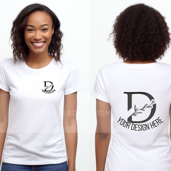 White Front and Back View Bella and Canvas 3001 Diverse Mockup Bella 3001 Back View White Womens MockTeacher Shirt Best White Two Tee Views