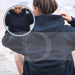 Back Front Navy Gildan 18500 Hooded Sweatshirt Mockup Beach Summer Life Mockup Mockup Back Navy Blue Hoodie Gildan 18500 Female Mockup