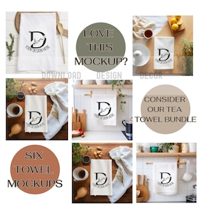 May include: Six mockups of kitchen tea towels with a floral design and the text "Your Design Here". The mockups show the towels in different kitchen settings.