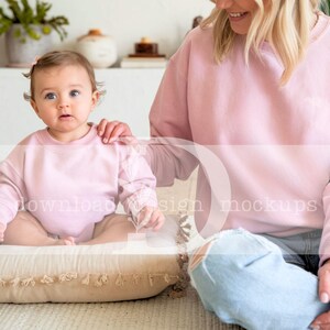 Mommy and Me Pink Gildan 18000 Sweatshirt Mockup for Matching Shirts, Gildan 18000 Mom and Daughter Gildan Pink 18000B White Crewneck Kids