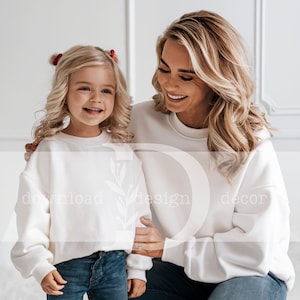 Mommy and Me White Gildan 18000 Sweatshirt Mockup for Matching Shirts, Gildan 18000 Mom and Daughter Gildan White 18000B White Crewneck Kids