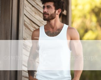 Unisex Jersey Tank Male Model Bella and Canvas 3480 Tank Top Man Mockups White Bella 3480 Lifestyle Mock Up for POD White Cotton Tank Top