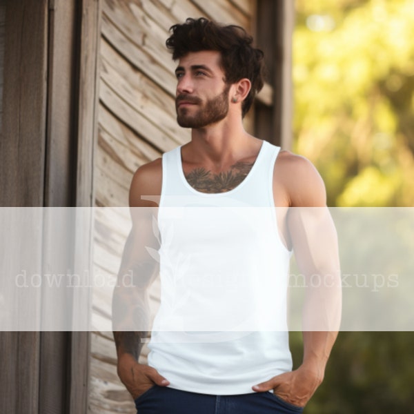 Unisex Jersey Tank Male Model Bella and Canvas 3480 Tank Top Man Mockups White Bella 3480 Lifestyle Mock Up for POD White Cotton Tank Top