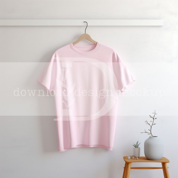 Trendy Modern Soft Pink Bella and Canvas 3001 Aesthetic Minimalist Mockups Lifestyle Mock White Wall Hanging Pink Tshirt Mock Bella 3001