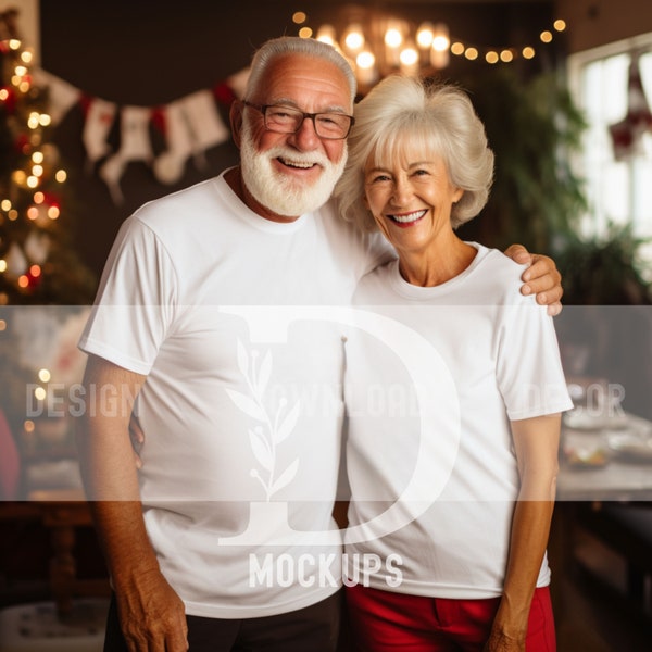 Christmas Mockups for Couples White Bella and Canvas 3001 Grandparents Mocks for POD Holiday Mockup Winter Designs His & Her Elderly Mock Up