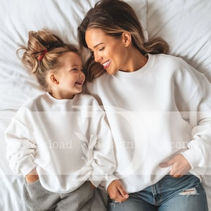Mommy and Me White Gildan 18000 Sweatshirt Mockup for Matching Shirts, Gildan 18000 Mom and Daughter Gildan White 18000B White Crewneck Kids