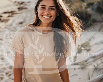 Tan Bella and Canvas 3001 Beach Niche Tan Bella & Canvas 3001 Tan Tshirt Mockups Outdoor Mockups Lifestyle Bella Canvas 3001 Beach Shirt