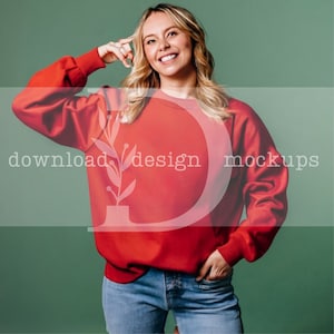Christmas Gildan 18000 Red Sweater Mockup Diverse Lifestyle Mock Diverse Model Trendy Holiday Mockups Red Gildan 18000 Sweater Winter Mocks