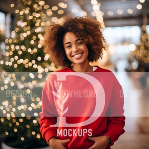 Christmas Gildan 18000 Red Sweater Mockup Diverse Lifestyle Mock Diverse Model Trendy Holiday Mockups Red Gildan 18000 Sweater Winter Mocks