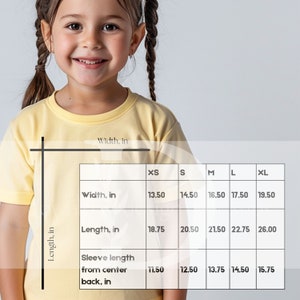 May include: Size chart for a yellow t-shirt with measurements in inches for width, length, and sleeve length from center back.