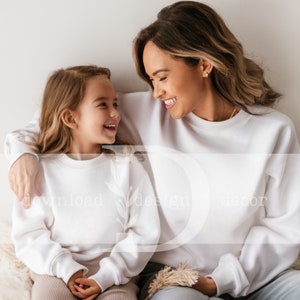 Mommy and Me White Gildan 18000 Sweatshirt Mockup for Matching Shirts, Gildan 18000 Mom and Daughter Gildan White 18000B White Crewneck Kids