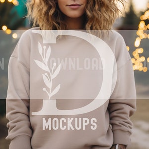 Christmas Gildan 18000 Sand Sweater Mockup Diverse Lifestyle Mock Diverse Model Trendy Holiday Mockups Beige Gildan 18000 Sweater Winter