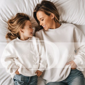 Mommy and Me White Gildan 18000 Sweatshirt Mockup for Matching Shirts, Gildan 18000 Mom and Daughter Gildan White 18000B White Crewneck Kids