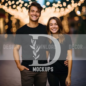 Christmas Mockups for Couples Black Bella and Canvas 3001 His and Her Tshirt Mocks for POD Holiday Mockup for Winter Designs Cute Couples
