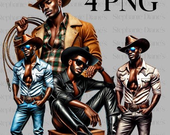May include: Digital art featuring four male figures in cowboy attire. They wear cowboy hats, sunglasses, and open shirts, with jeans or leather pants. One figure holds a lasso. The image has a neutral gray background with the text "4 PNG".
