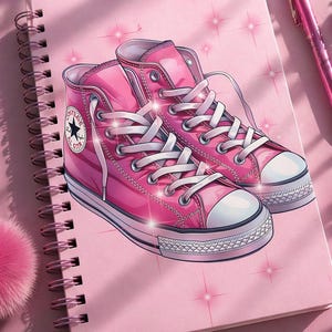 Può includere: Un paio di scarpe da ginnastica alte rosa con lacci bianchi e punta bianca, appoggiate su un quaderno a spirale rosa. Le scarpe da ginnastica hanno un logo a stella sul lato. Una penna rosa è visibile.