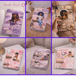 May include: Kindle inserts with various designs featuring illustrations of women, books, and coffee cups. The inserts have text like "Addicted," "Book Babe," and "This is my weekend plans." The color scheme is predominantly purple, pink, and brown.