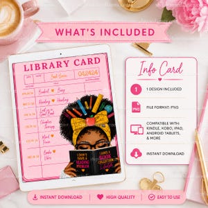 May include: A digital library card design featuring a black woman reading a book with the text "I don't have a reading problem, I have a book collection lifestyle." Includes an info card with file format details.