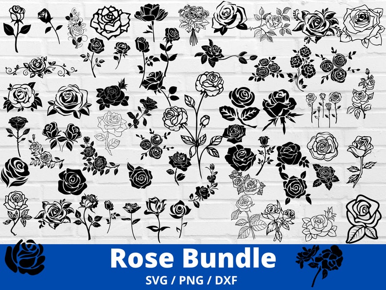Puede incluir: Una gran colecci&oacute;n de archivos de corte SVG de silueta de rosa en blanco y negro. El paquete de rosas incluye una variedad de dise&ntilde;os de rosas, incluyendo rosas individuales, ramos de rosas y enredaderas de rosas.  SVG / PNG / DXF