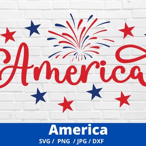 May include: Red, white and blue stars and fireworks on a white brick background with the word "America" in red cursive lettering.