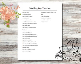 Wedding Day Timeline Itinerary List, Wedding Printable, Bridesmaid and Groomsmen Schedule, Wedding Party Timeline, Wedding Handout