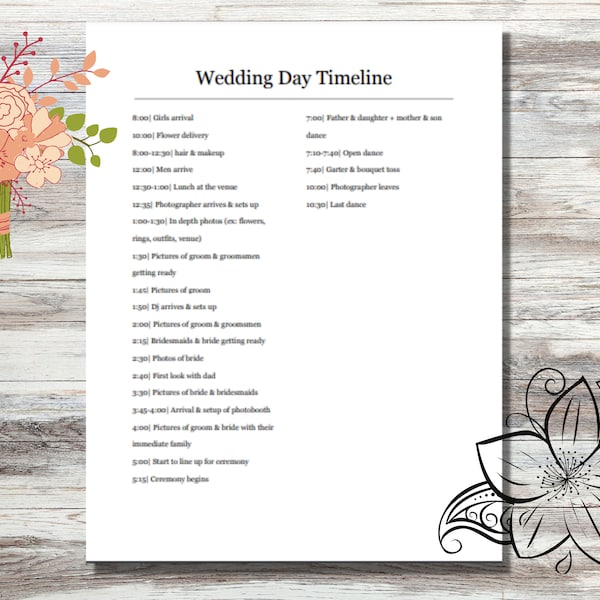 Wedding Day Timeline Itinerary List, Wedding Printable, Bridesmaid and Groomsmen Schedule, Wedding Party Timeline, Wedding Handout