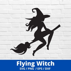 Flying Witch SVG, Cut File for Cricut, Witch on Broom Svg, Flying Witch Silhouette Instant Download, Halloween Svg, Wicked Witch Broomstick