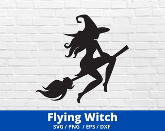 Flying Witch SVG, Cut File for Cricut, Witch on Broom Svg, Flying Witch Silhouette Instant Download, Halloween Svg, Wicked Witch Broomstick