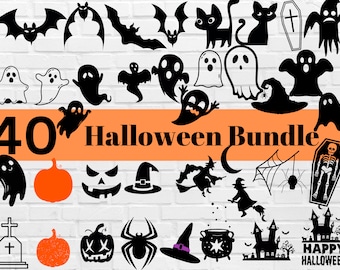 May include: A set of 40 black and white Halloween themed SVG cut files. The images include ghosts, bats, pumpkins, witches, spiders, a cauldron, a skeleton, a coffin, and a haunted house. The text "Happy Halloween" is also included.