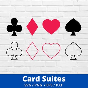 Card Suits SVG Bundle, Kolor kart do gry, Piki, Karo, Kiery, Trefle, Cricut, Sylwetka, Grafika, Wektor, Użycie komercyjne