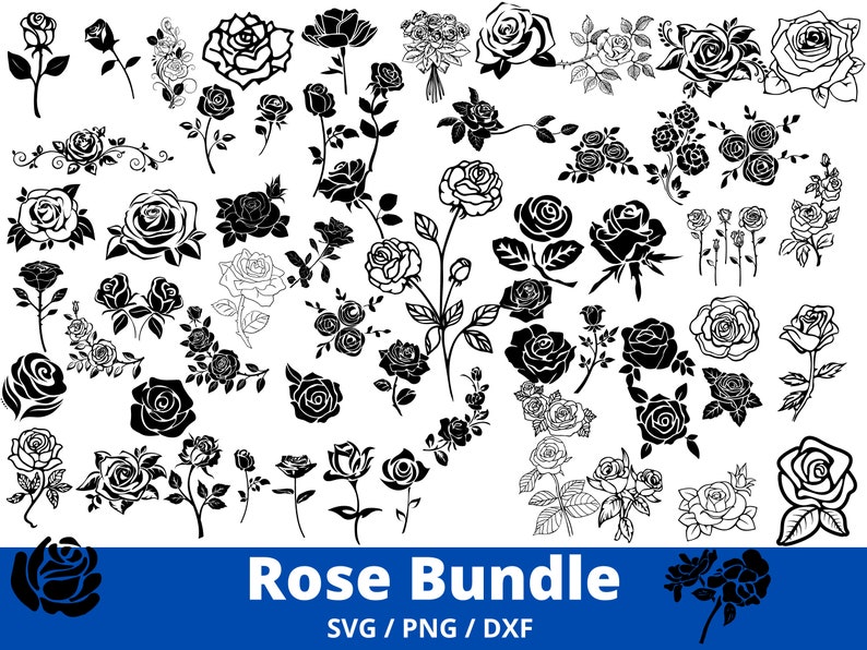 Puede incluir: Una gran colecci&oacute;n de ilustraciones de siluetas de rosas en blanco y negro. Las rosas son de varios estilos y tama&ntilde;os, incluyendo rosas individuales, capullos de rosas y ramos de rosas. Las ilustraciones son perfectas para manualidades, scrapbooking y otros proyectos creativos.