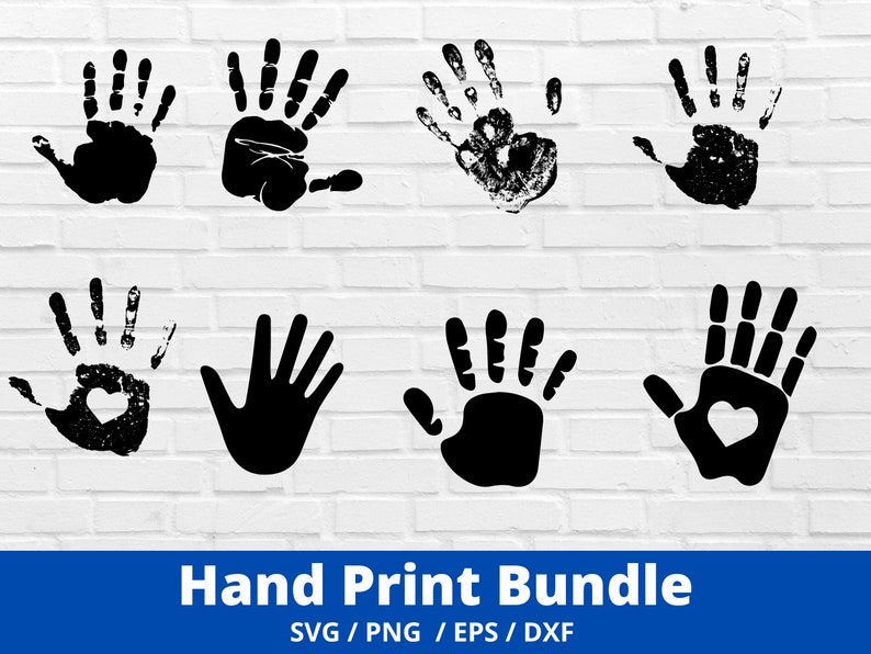 Peut inclure: Un ensemble de huit fichiers de d&eacute;coupe SVG d'empreintes de mains noires. Les empreintes de mains sont de styles vari&eacute;s, dont certaines avec des c&oelig;urs dans la paume. Le texte "Hand Print Bundle" est en bas de l'image, avec le texte "SVG / PNG / EPS / DXF" en dessous.