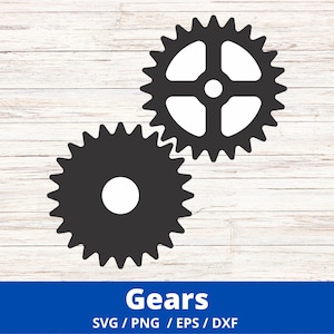 May include: Two black gears interlocked with each other against a white woodgrain background. The gears have white centers.