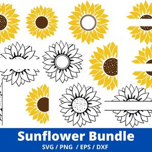 May include: A set of 10 sunflower SVG cut files. The sunflowers are in various styles, including solid, outline, and split for monogramming. The files are perfect for creating crafts, home decor, and more.