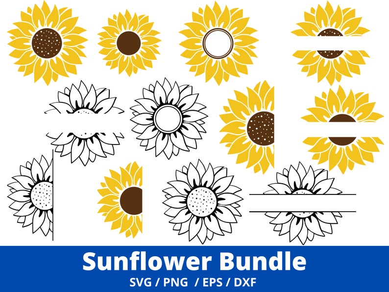 May include: A set of 10 sunflower SVG cut files. The sunflowers are in various styles, including solid, outline, and split for monogramming. The files are perfect for creating crafts, home decor, and more.