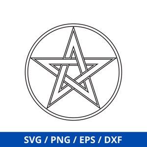 May include: A black and white line drawing of a pentagram inside a circle.