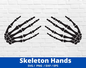 May include: Two black skeleton hands with outstretched fingers, facing each other. The hands are on a white brick background. The text "Skeleton Hands" is below the image, with the text "SVG / PNG / DXF / EPS" below that.