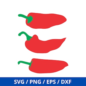 May include: Three red chili peppers with green stems. The peppers are arranged vertically, with the largest pepper at the top and the smallest pepper at the bottom.