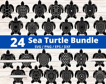 May include: A set of 24 black and white sea turtle SVG, PNG, EPS, and DXF files. The turtles have different patterns, including geometric and mandala designs. Some of the turtles have a space for a monogram.