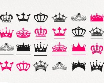May include: A collection of 20 crown designs in black and pink. The crowns are stylized and feature various shapes and details.