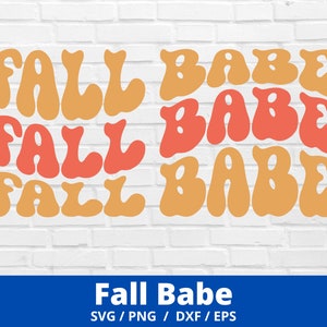 May include: A digital design featuring the text "Fall Babe" in a retro, groovy font style. The text is repeated three times in a stacked arrangement, with each repetition in a different colour. The top and bottom text are in a light orange colour, while the middle text is in a coral colour. The design is perfect for use on t-shirts, mugs, tote bags, and other merchandise.