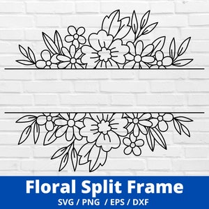 Cadre floral fendu SVG, cadre, cadre floral svg, fleur sauvage, monogramme divisé, mariage, feuilles, nom, DXF, marguerite, PNG, cricut, silhouette, utilisation commerciale