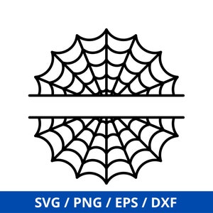 Puede incluir: Un contorno en blanco y negro de una telaraña dividida por la mitad con un espacio en blanco en el medio. La telaraña es una decoración común de Halloween.