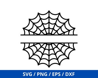 Puede incluir: Un contorno en blanco y negro de una telaraña dividida por la mitad con un espacio en blanco en el medio. La telaraña es una decoración común de Halloween.