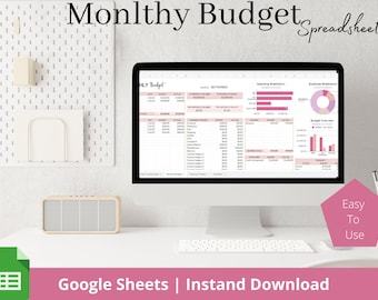 May include: A computer screen displaying a Google Sheets spreadsheet titled "Monthly Budget" with a pink and white colour scheme. The spreadsheet includes a budget overview, spending breakdown, and expense breakdown. The text "Google Sheets | Instant Download" is displayed below the computer screen.