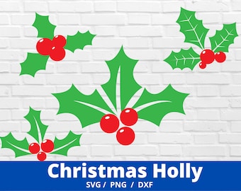 May include: A set of four Christmas holly sprigs with red berries. The holly leaves are green and have a pointed shape. The berries are a bright red color.